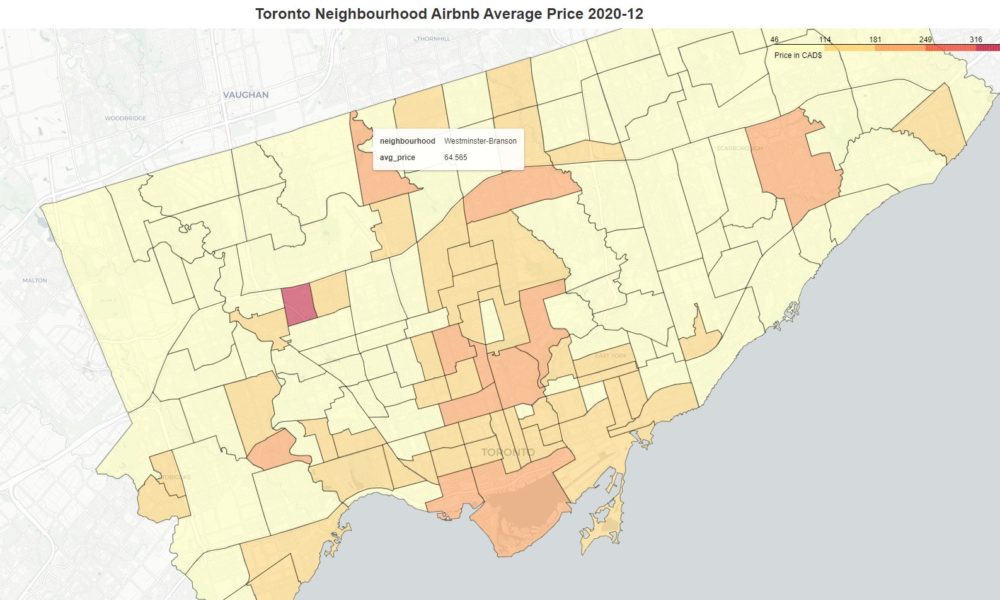 Toronto Neighborhood Airbnb Average Price 2020-12